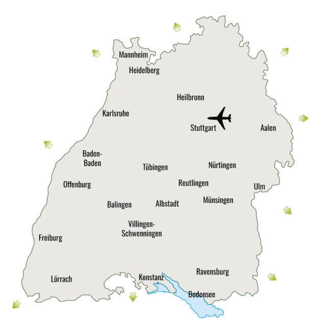 Einzugsgebiet von Jamadi Immobilien – aktiv in Reutlingen, Tübingen, Stuttgart, Ulm, Freiburg & ganz Baden-Württemberg. Karte von Baden-Württemberg mit den Städten Reutlingen, Tübingen, Stuttgart, Ulm, Freiburg, Konstanz und weiteren Orten – Einzugsgebiet von Jamadi Immobilien.